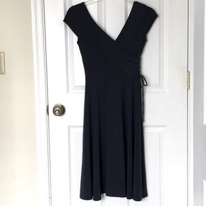 Navy Stretch Rouching tea length cap sleeve dress dance dress